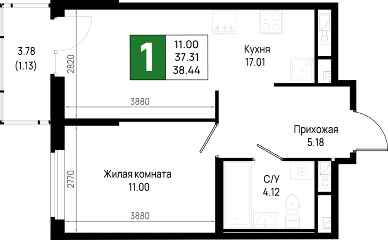 2 ккв (Евро) 38,4 м²