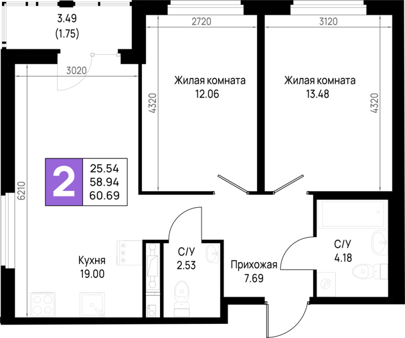 3 ккв (Евро) 60,7 м²