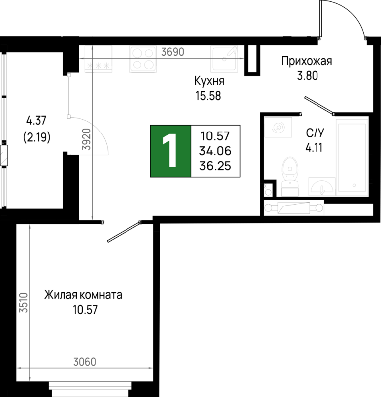 2 ккв (Евро) 36,3 м²