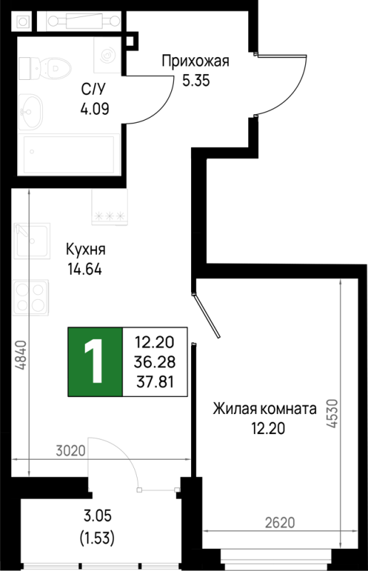 1 ккв 37,8 м²