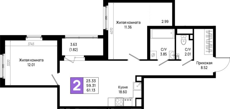 3 ккв (Евро) 61,1 м²