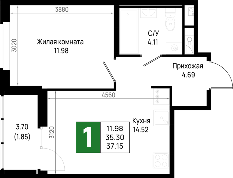 1 ккв 37,2 м²