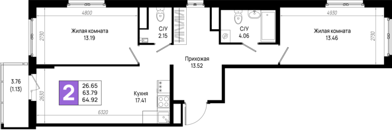 3 ккв (Евро) 64,9 м²