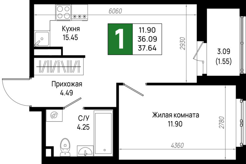 2 ккв (Евро) 37,6 м²