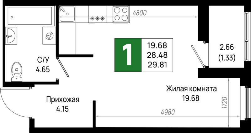 Студия 29,8 м²