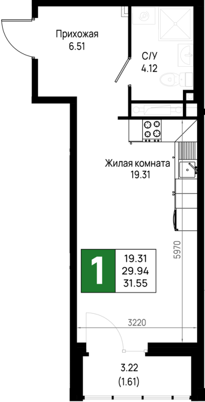 Студия 31,6 м²