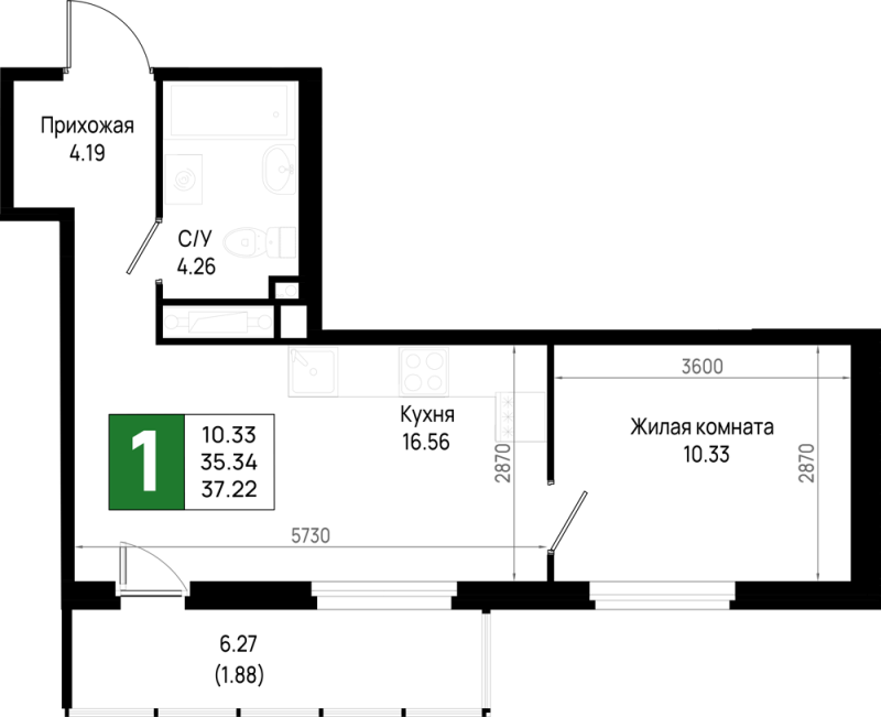 2 ккв (Евро) 37,2 м²