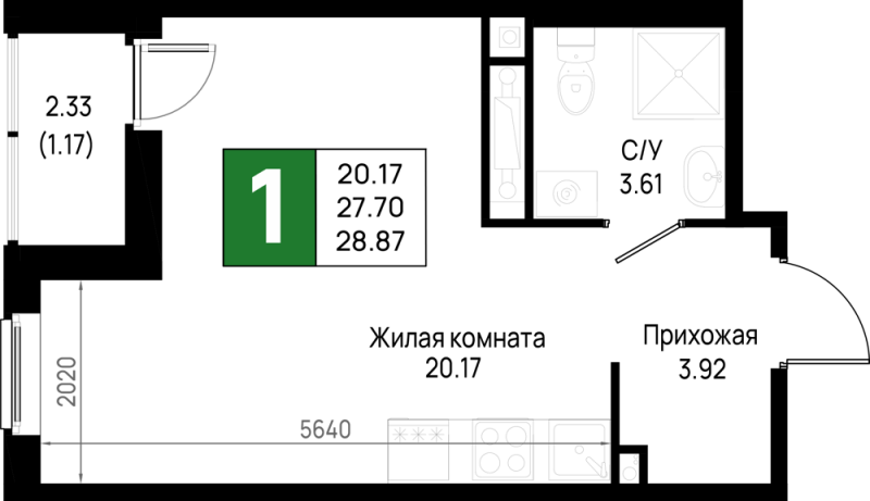 Студия 28,9 м²