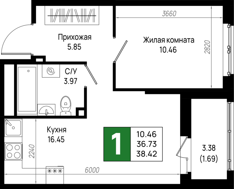 2 ккв (Евро) 38,4 м²