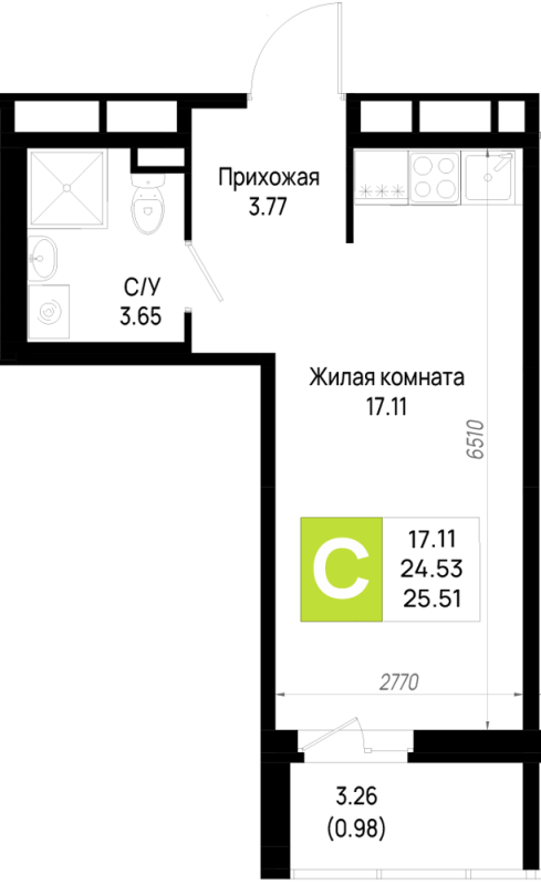 Студия 25,5 м²