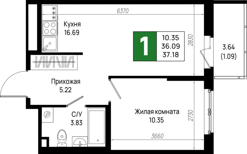 2 ккв (Евро) 37,2 м²