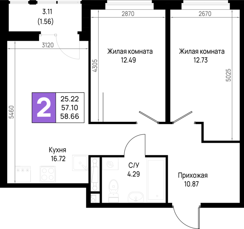 3 ккв (Евро) 58,7 м²