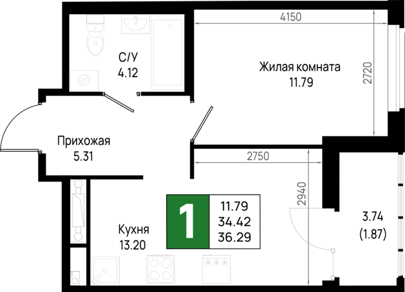 1 ккв 36,3 м²