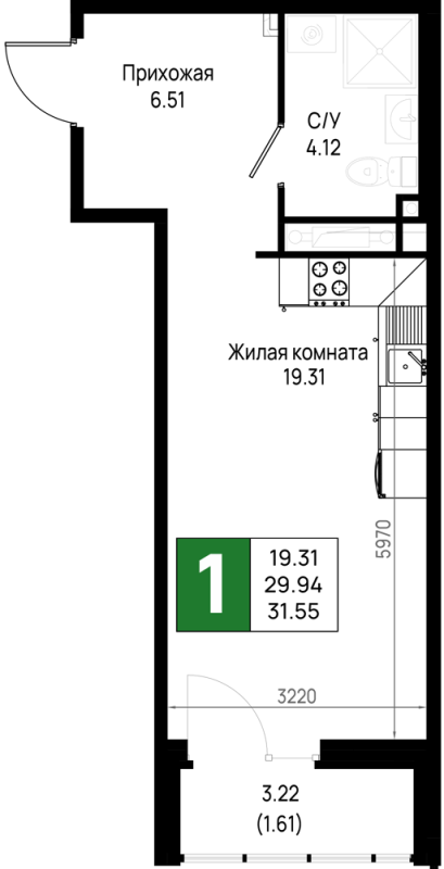 Студия 31,6 м²