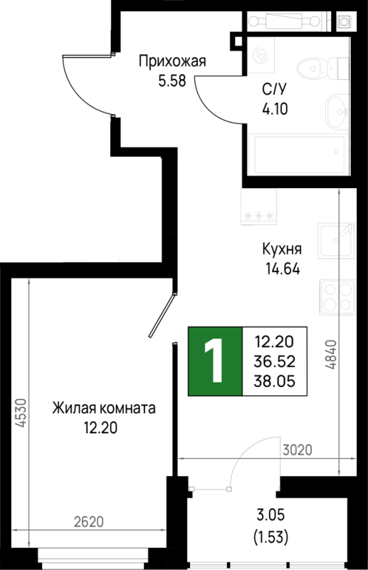 1 ккв 38,1 м²