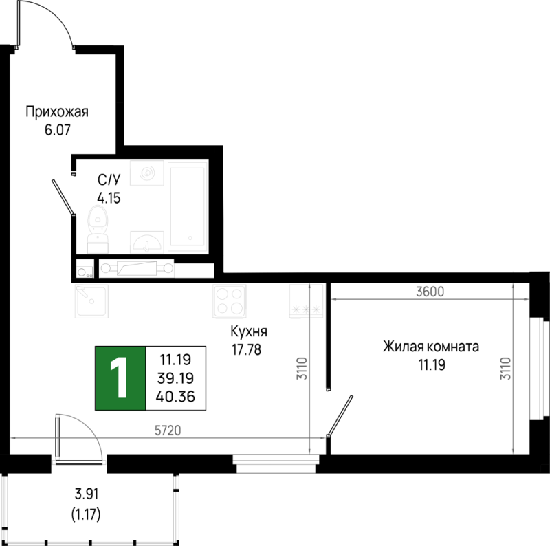 2 ккв (Евро) 40,4 м²