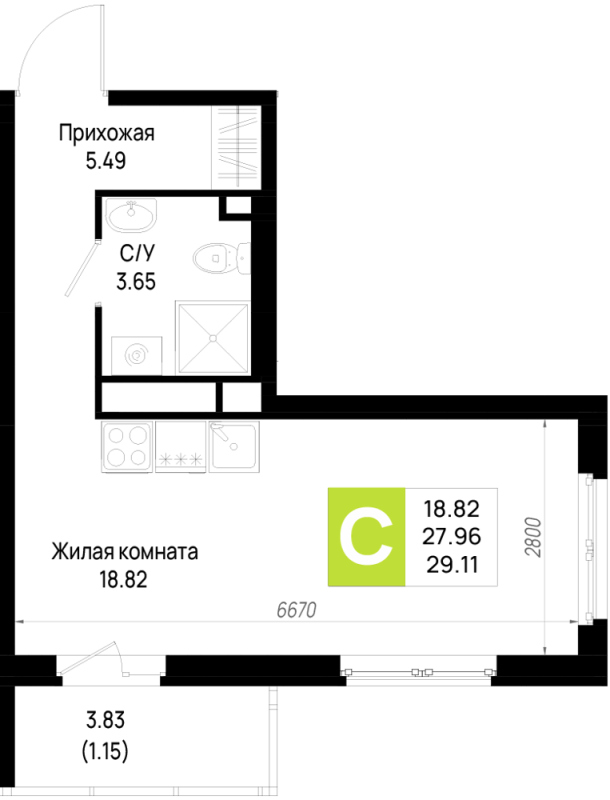 Студия 29,1 м²