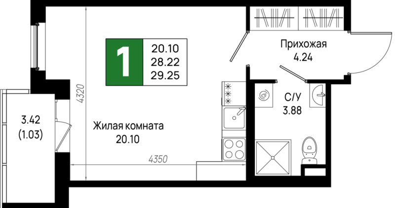 Студия 29,3 м²