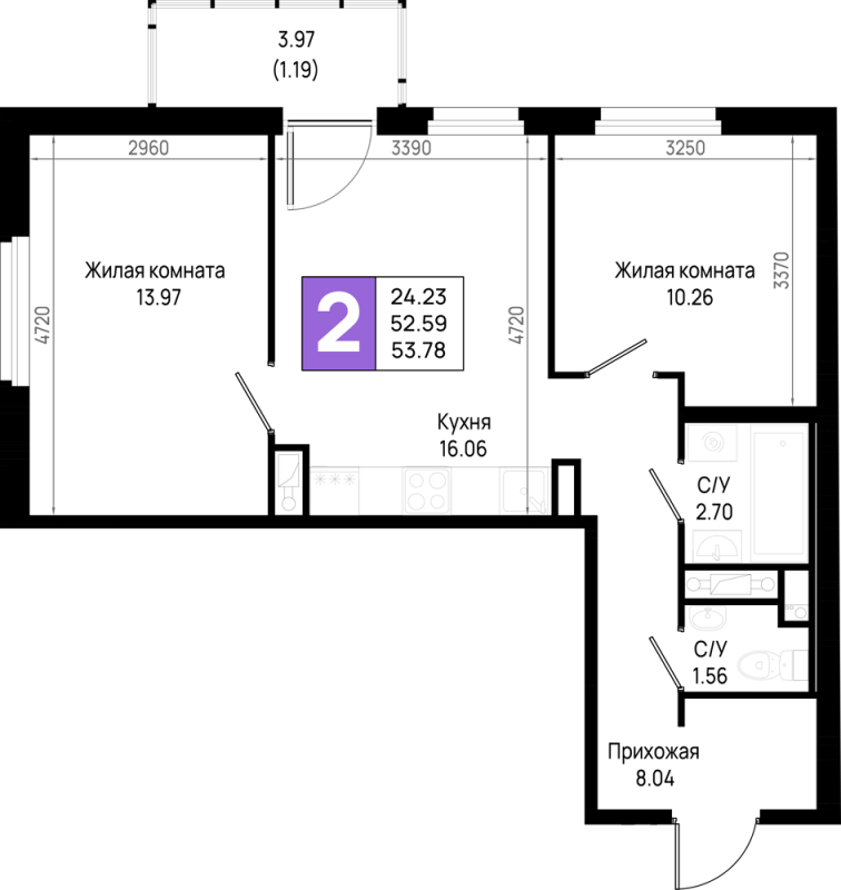 3 ккв (Евро) 53,8 м²