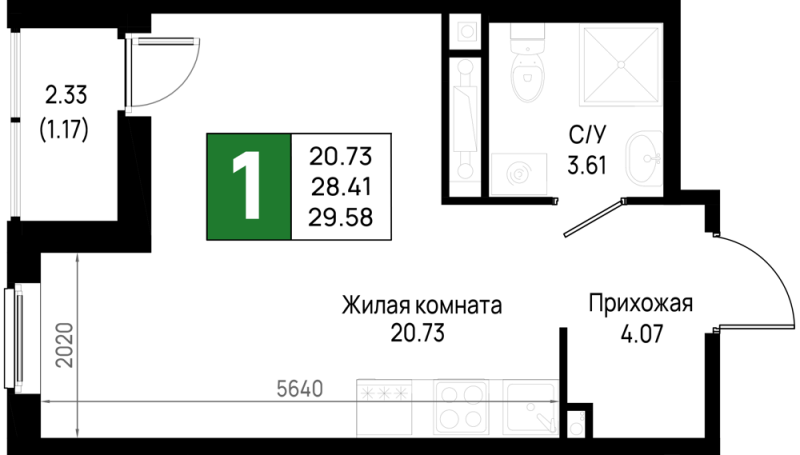 Студия 29,6 м²