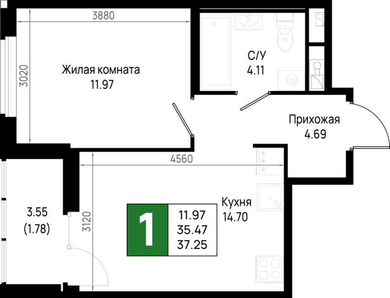 1 ккв 37,3 м²