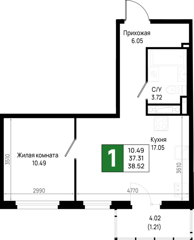 2 ккв (Евро) 38,5 м²