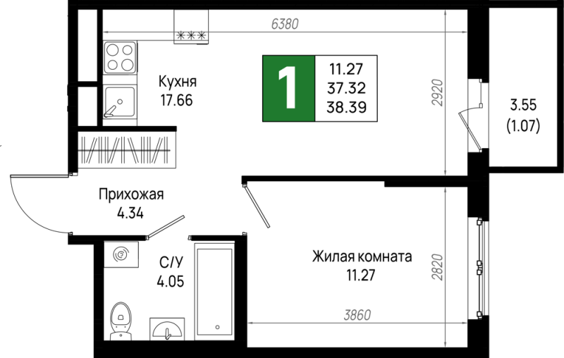 2 ккв (Евро) 38,4 м²