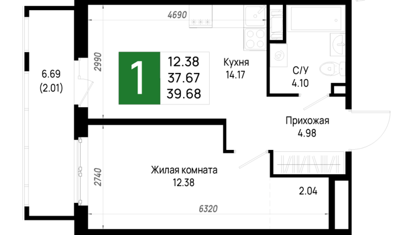 1 ккв 39,7 м²