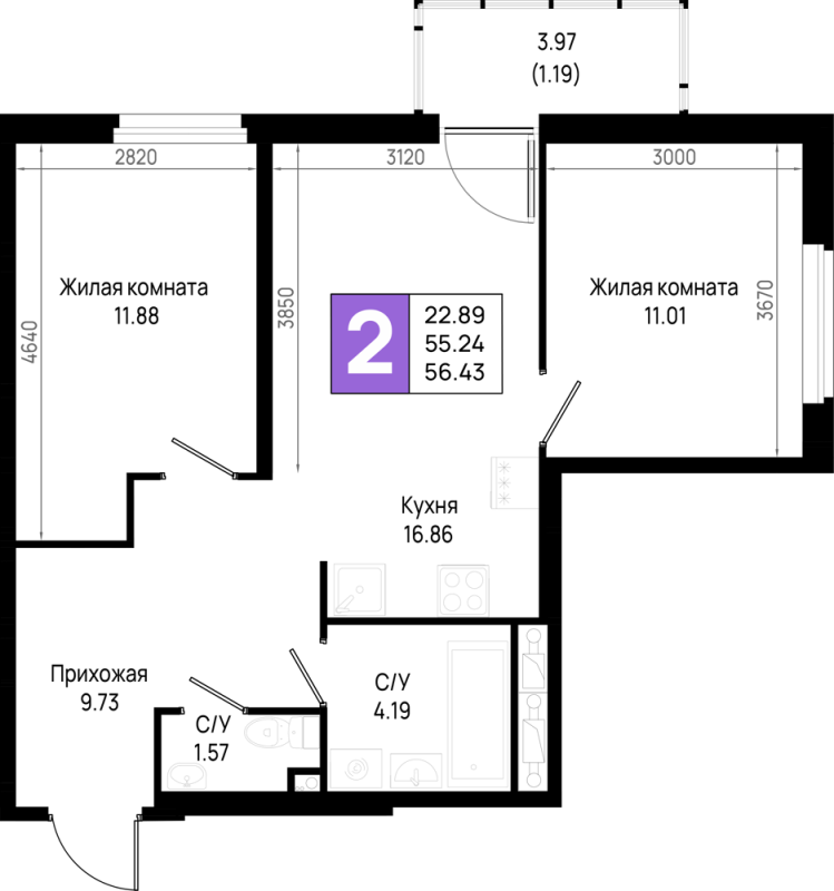 3 ккв (Евро) 55,2 м²