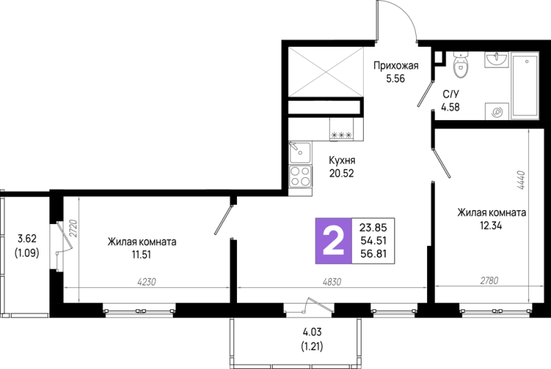 3 ккв (Евро) 56,8 м²