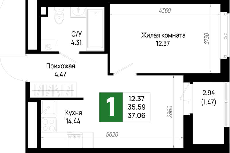 1 ккв 37,1 м²