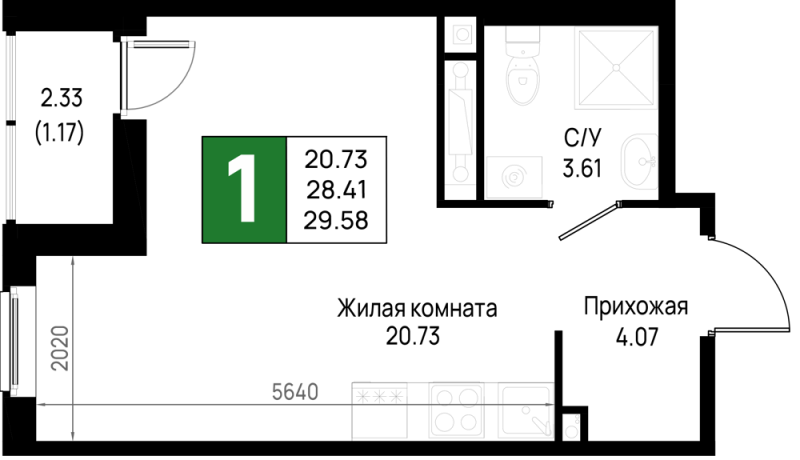 Студия 29,6 м²