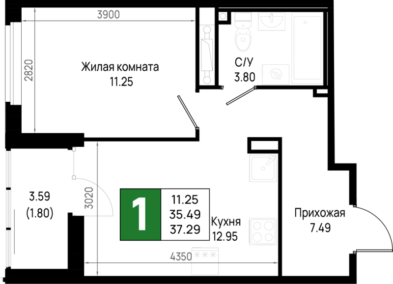 1 ккв 37,3 м²