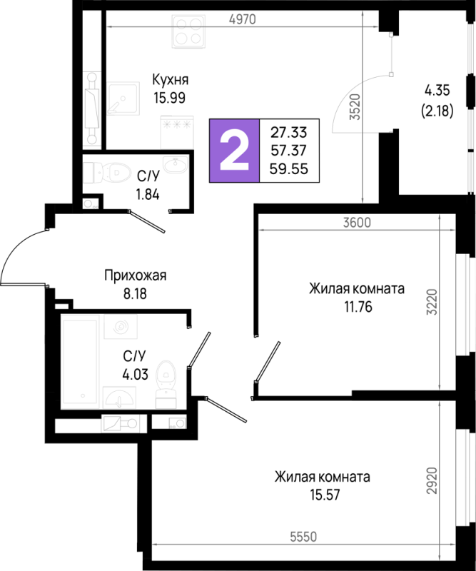3 ккв (Евро) 59,6 м²