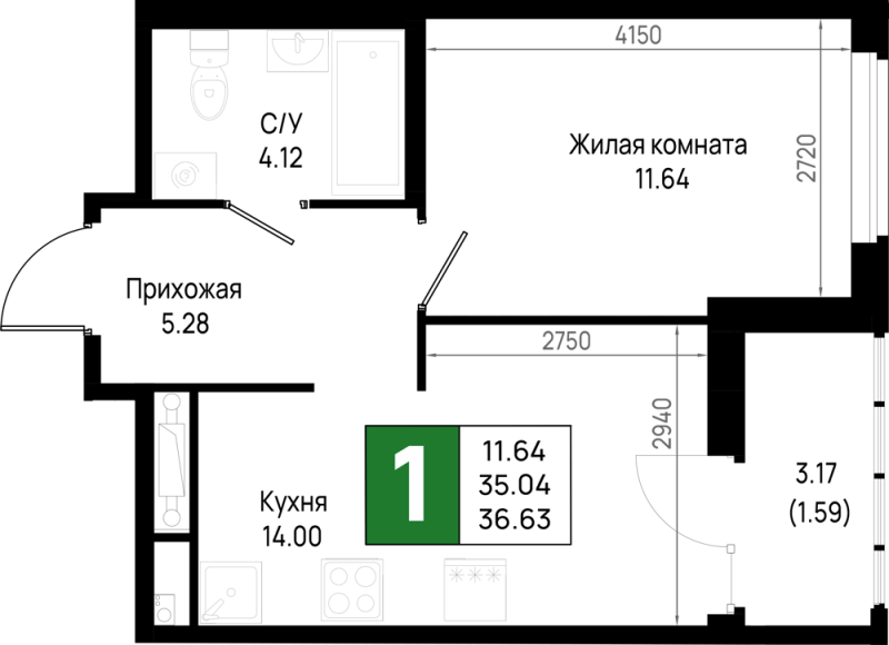1 ккв 36,6 м²