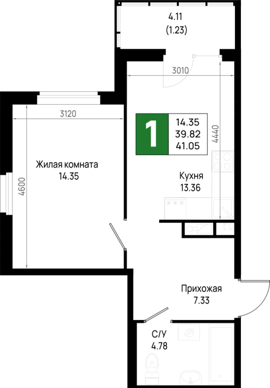 1 ккв 41,1 м²