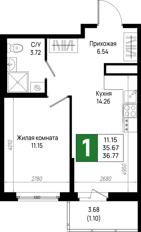 1 ккв 36,8 м²
