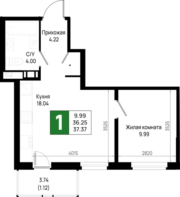 2 ккв (Евро) 37,4 м²