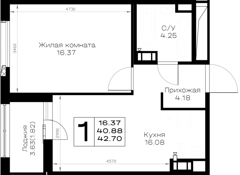 2 ккв (Евро) 42,7 м²
