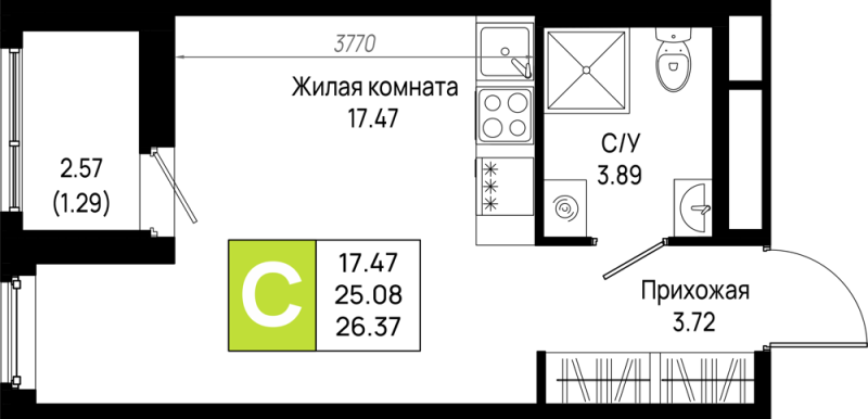 Студия 26,4 м²