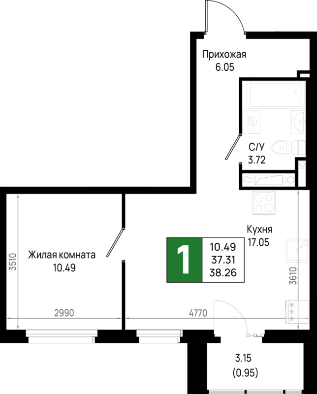 2 ккв (Евро) 38,3 м²