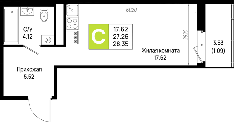 Студия 28,4 м²