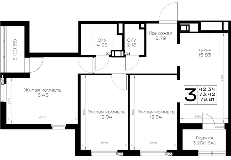 4 ккв (Евро) 76,6 м²