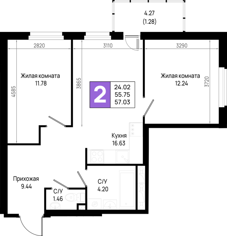 3 ккв (Евро) 57 м²
