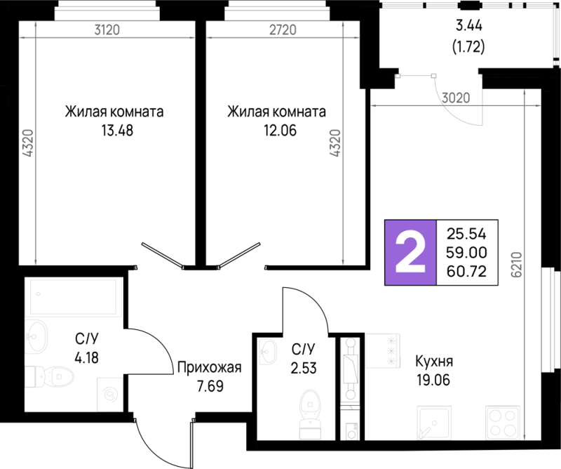 3 ккв (Евро) 60,7 м²