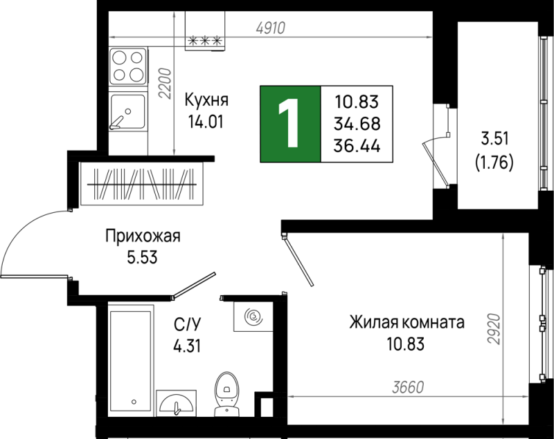 1 ккв 36,4 м²