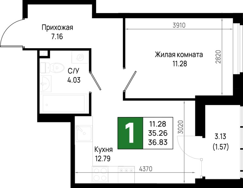 1 ккв 36,8 м²