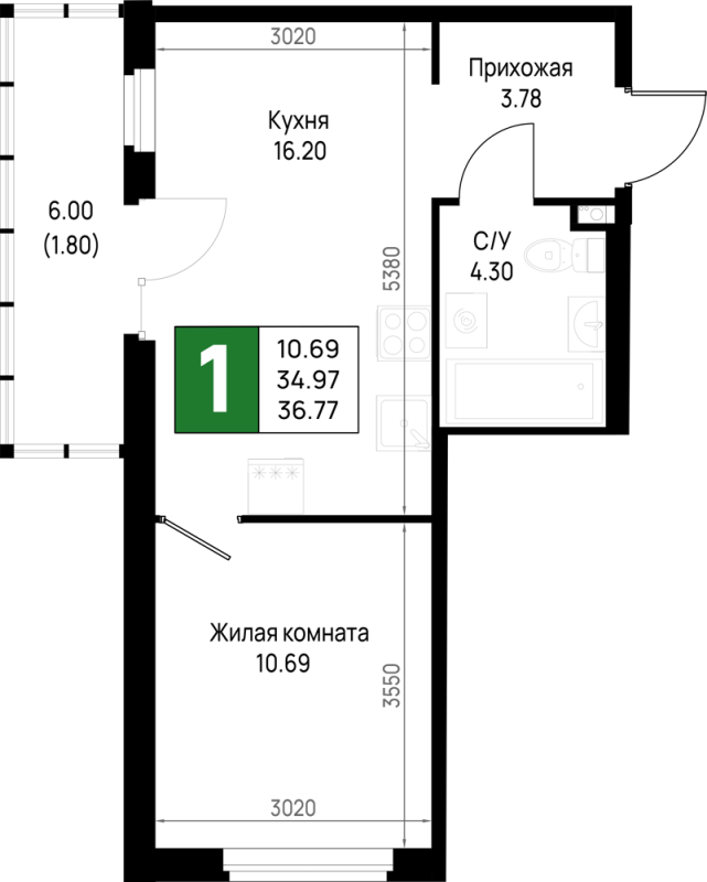 2 ккв (Евро) 36,8 м²