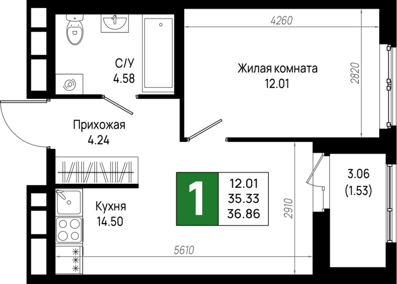 1 ккв 36,9 м²