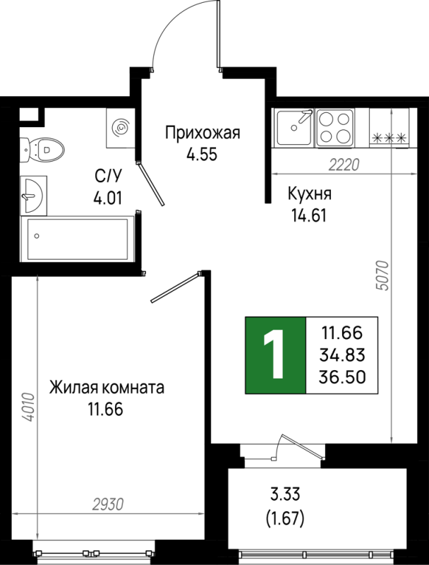 1 ккв 36,5 м²